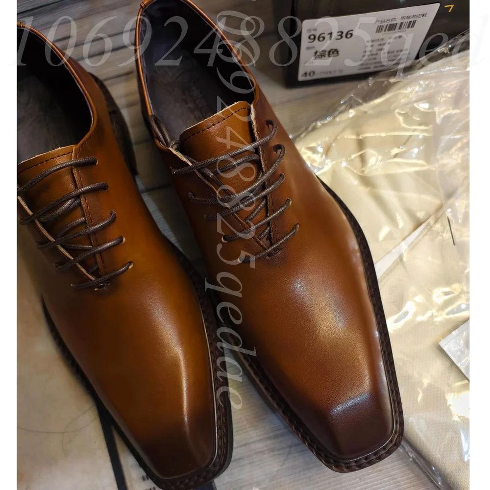 Formal Men Daily Wear Footwear - メンズ高級ブラウンレザーオックスフォードドレスシューズ、レースアップフォーマルビジネスシューズ、スクエアトゥ、普段履き用クラシックシューズ