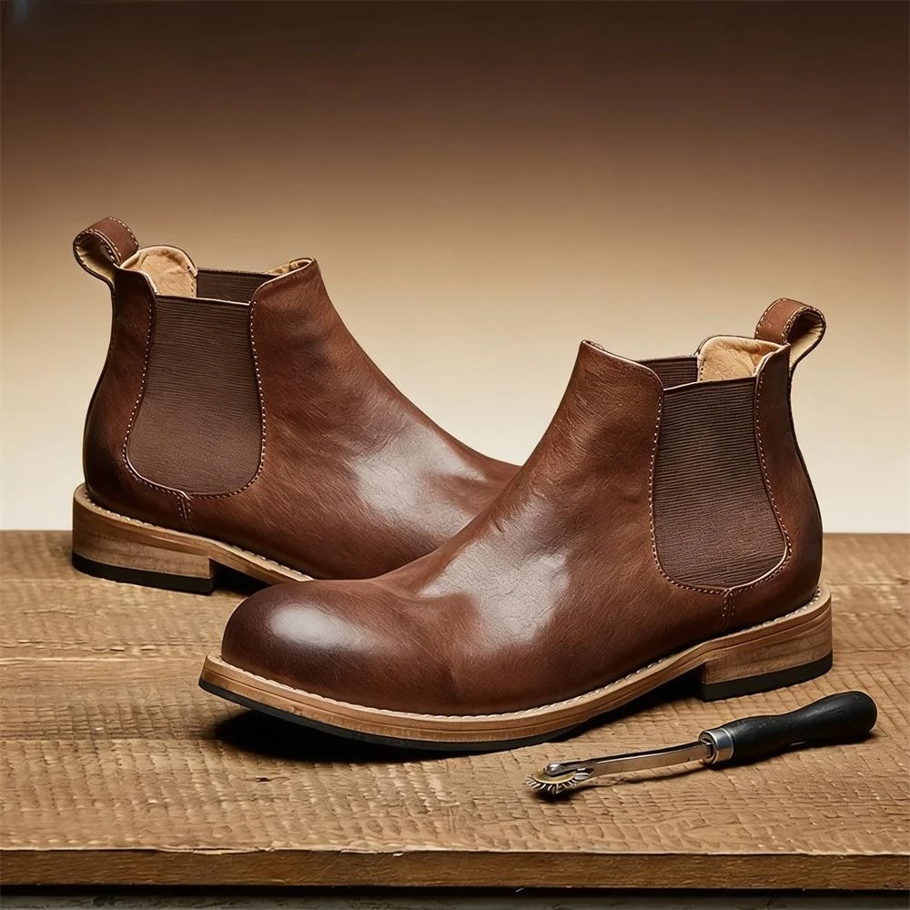 Formal Men Daily Wear Footwear - メンズゴム製ゴアテープ付きチェルシーアンクルブーツ、ブラウンのスリッポンフォーマルカジュアルシューズ、快適なグッドイヤーウェルト製法の日常使いブーツ