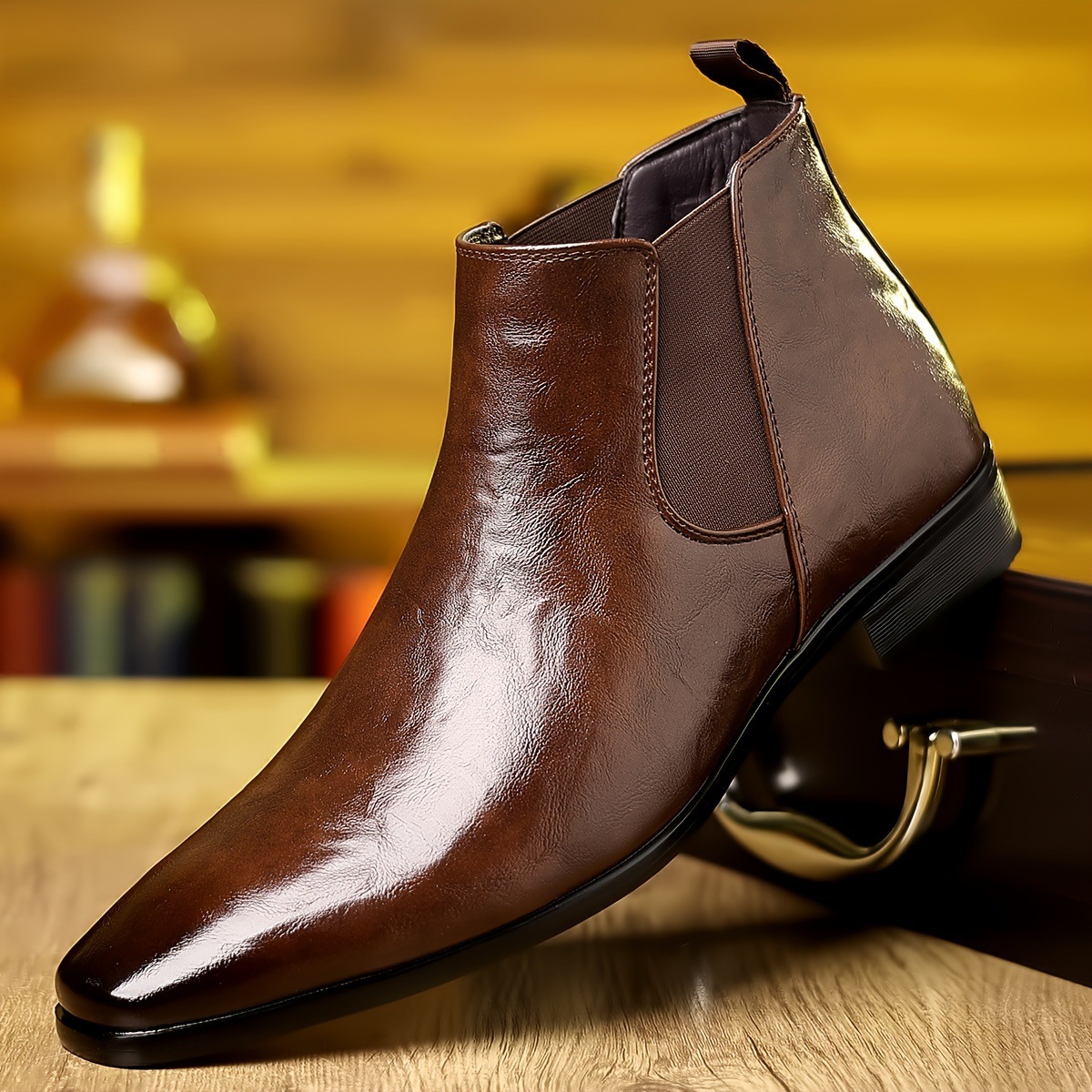 Men Formal Wear With Boots - チェルシーブーツ、レザーブーツ、秋用、履き心地の良いアンクルブーツ、ポインテッドトゥ、カジュアルシューズ、スリッポン、ビジネス用、メンズ、ドレスシューズ。