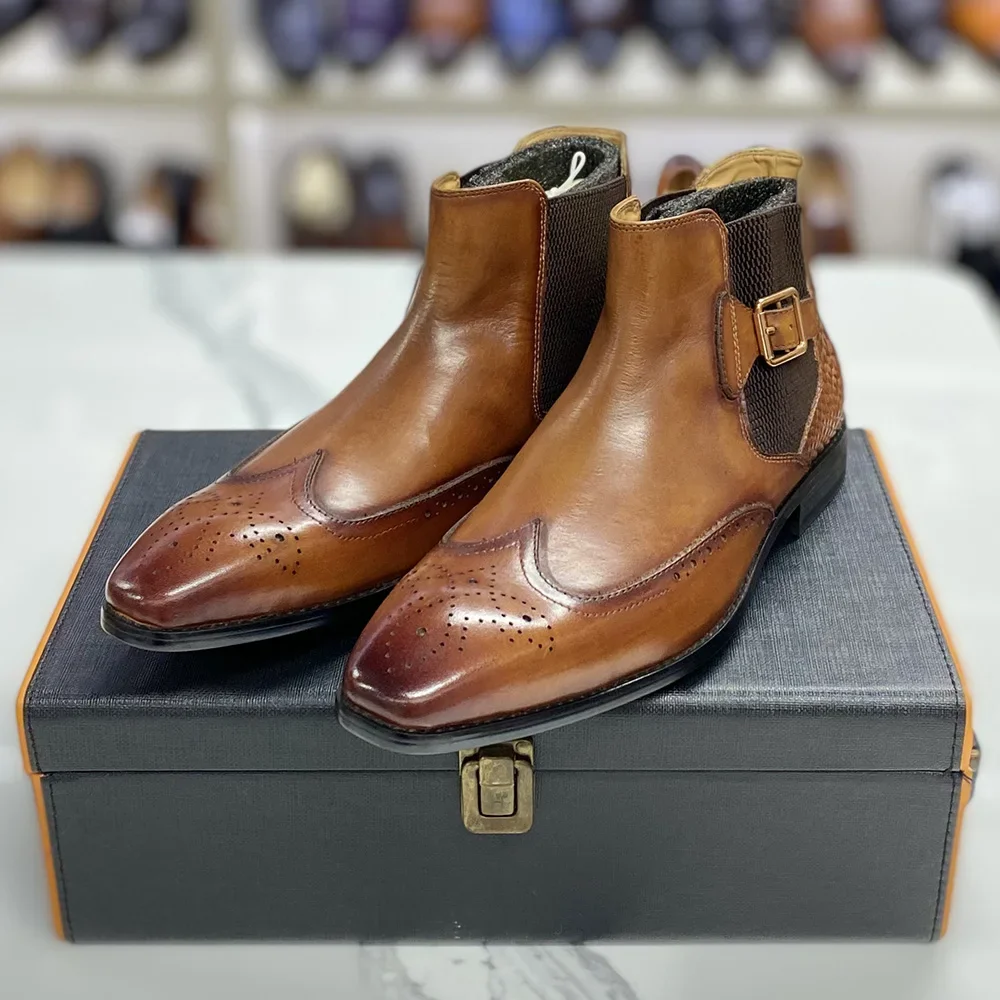 男性用の本物の牛革のブーツ,バックル付きの滑り止めストラップ - Men Formal Wear With Boots のレビューと価格